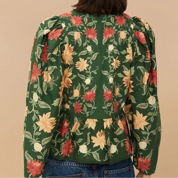 FARM Rio Green Floral V-Neck Puff Sleeve Blouse - Picture 2 of 8